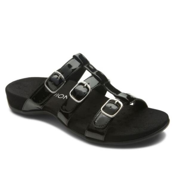 Vionic Misa Strappy Buckle Slide Sandals Black Patent Sz 6 Minimal Office Dressy - Picture 1 of 11